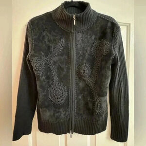 Vintage Embroidered Beaded Wool Suede Fitted  Zip Up Jacket Sweater Grannycore